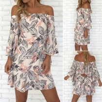 Sexy Backless Wide Neckline Trumpet Sleeve Printed Dress