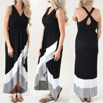 Sexy Backless Sleeveless V-neck Irregular Hem Contrast Color Dress