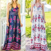 Sexy Backless V-neck Lace Spliced High Waist Printed Sling Dress