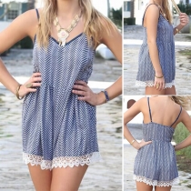 Sexy Backless V-neck Lace Spliced Hem Wavy Striped Sling Romper