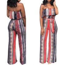 Sexy Strapless High Waist Printed Wide-leg Jumpsuit