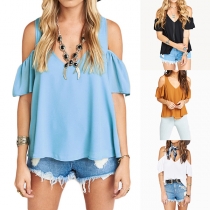 Sexy Off-shoulder Short Sleeve V-neck Solid Color Chiffon Top