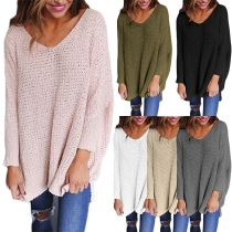 Fashion Solid Color Long Sleeve V-neck Loose Sweater