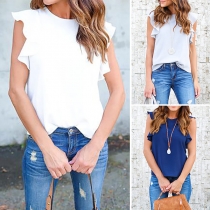 Fashion Solid Color Lotus Sleeve Round Neck Chiffon Top