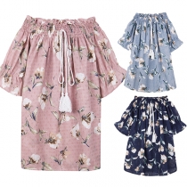 Sweet Fresh Short Sleeve Elastic Wide Neckline Printed Top