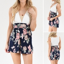 Sexy Deep V-neck Sleeveless High Waist Printed Spliced Romper