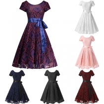 Retro Style Short Sleeve Round Neck High Waist Lace A-line Dress