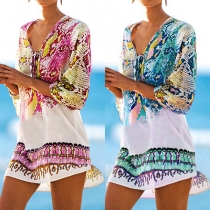Bohemian Style Short Sleeve V-neck Printed Bikini Smock Dress