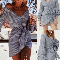 Sexy Deep V-neck Lantern Sleeve Irregular Hem Striped Dress with Waist Strap