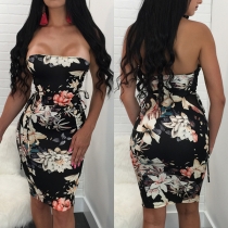 Sexy Strapless Gauze Spliced High Waist Slim Fit Printed Party Dress