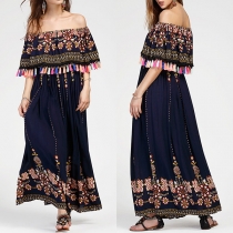 Bohemian Style Boat Neck Tassel Printed Dress