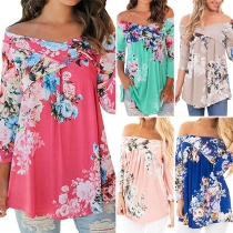Sexy Off-shoulder Boat Neck Long Sleeve Printed Top
