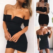 Sexy Off-shoulder V-neck Short Sleeve Slim Fit Solid Color Party Dress