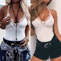 Sexy Backless V-neck Lace Spliced Solid Color Halter Bodysuit
