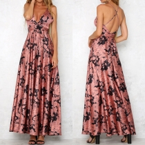 Sexy Backless Deep V-neck High Waist Printed Evening Dress