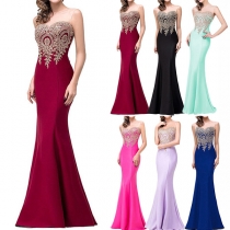 Sexy See-through Gauze Spliced Sleeveless Floor-length Evening Dress