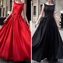 Sexy Backless Sleeveless Round Neck Solid Color Evening Dress