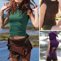 Sexy Hollow Out Lace-up Back Slit Hem Sleeveless Hooded Solid Color Top
