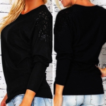Fashion Lace Spliced Long Sleeve Round Neck Solid Color T-shirt