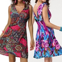 Bohemian Style Backless V-neck Sleeveless Printed Dress