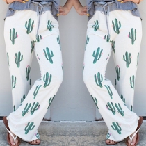 Fashion Drawstring Waist Cactus Printed Wide-leg Pants