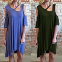 Sexy Off-shoulder Short Sleeve Irregular Hem Solid Color Dress