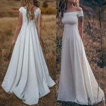 Elegant Solid Color Short Sleeve Boat Neck Floor-length Party Dress