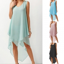 Fashion Solid Color Sleeveless Round Neck Irregular Hem Chiffon Top