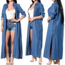 Retro Style Long Sleeve POLO Collar Slit Hem Denim Windbreaker Coat