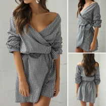 Sexy Off-shoulder Boat neck Lantern Sleeve Plaid Dress