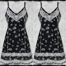 Sexy Backless V-neck Lace Spliced Skull Printed Sling Dress