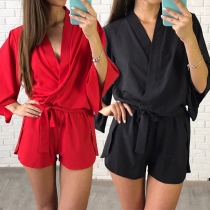 Fashion Solid Color 3/4 Trumpet Sleeve V-neck Romper