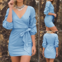 Sexy Deep V-neck Lantern Sleeve Solid Color Slim Fit Dress