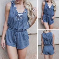 Fashion Sleeveless Hooded Lace-up V-neck Elastic Waist Romper