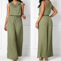 Elegant Solid Color Sleeveless Cowl Neck Pleated Jumpsuit