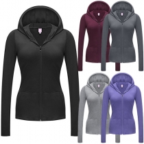 Fashion Solid Color Long Sleeve Hooded Sweatshirt Coat