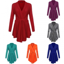 Fashion Solid Color Long Sleeve Irregular Hem Lace-up Cardigan