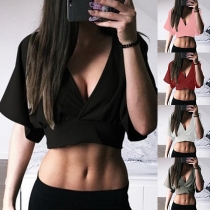Sexy Deep V-neck Short Sleeve Solid Color Crop Top