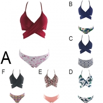 Sexy Contrast Color Printed Crossover Lace-up Halter Bikini Set