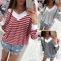 Fashion Contrast Color Long Sleeve V-neck Striped T-shirt