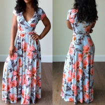 Sexy Deep V-neck Short Sleeve High Waist Printed Dress
