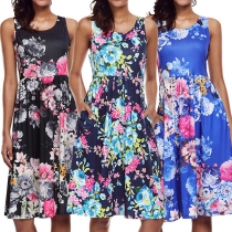 Fashion Sleeveless Round Neck High Waist Printed Dress