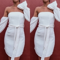 Sexy Off-shoulder Boat Neck Long Sleeve Solid Color Dress with Waist Strap