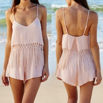 Sexy Backless V-neck Solid Color Tassel Sling Romper