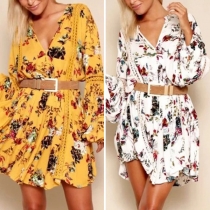 Bohemian Style Long Sleeve V-neck Printed Dress