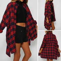 Fashion Long Sleeve POLO Collar Single-breasted Plaid Shirt