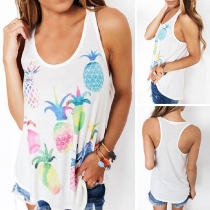 Fashion Pineapple Printed Round Neck Loose Tank Top