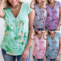 Fashion Short Sleeve V-neck Printed T-shirt