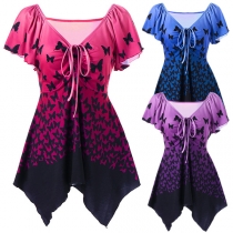 Fashion Short Sleeve V-neck Irregular Hem Butterfly Printed T-shirt