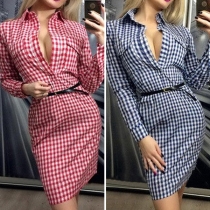 OL Style Long Sleeve POLO Collar Slim Fit Plaid Dress